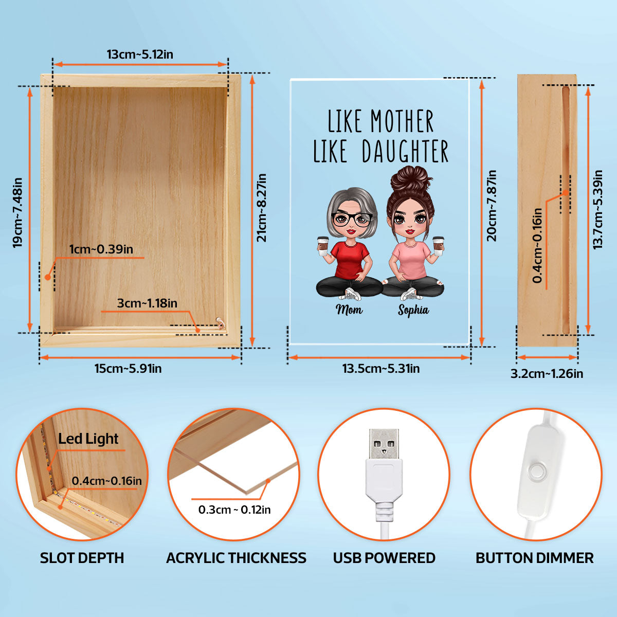 Like Mother Like Daughters Doll Mom And Daughters Sitting Personalized Wooden Frame Light Box