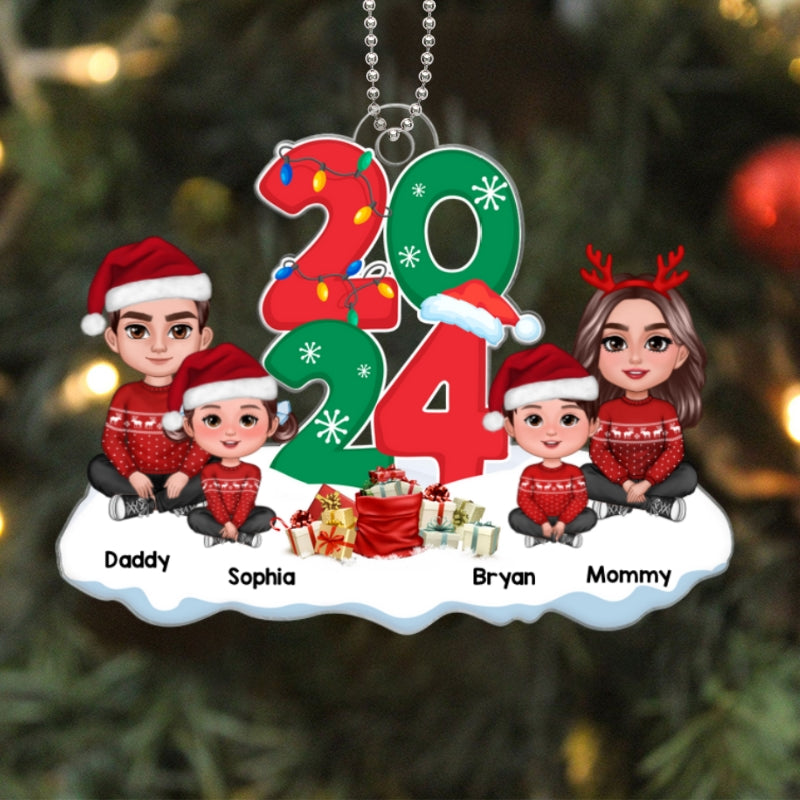 Family Dad Mom Kids Dogs Cats Crossed Legs Sitting By 2024 Christmas Gift Personalized Acrylic Ornament