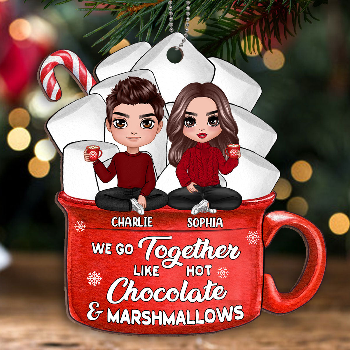 Doll Couple Sitting Hot Chocolate And Marshmallows Personalized Wooden Ornament