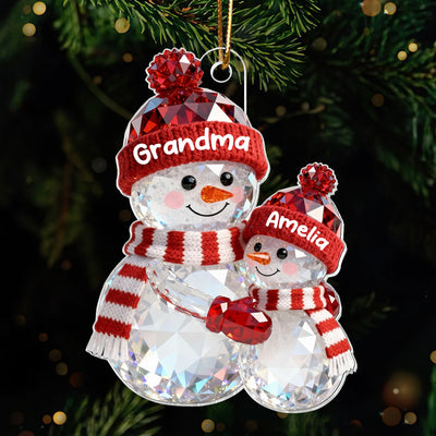 3D Effect Flat Snowman Grandma Hugging Grandkid Christmas - Personalized Acrylic Ornament - Gift For Grandkids