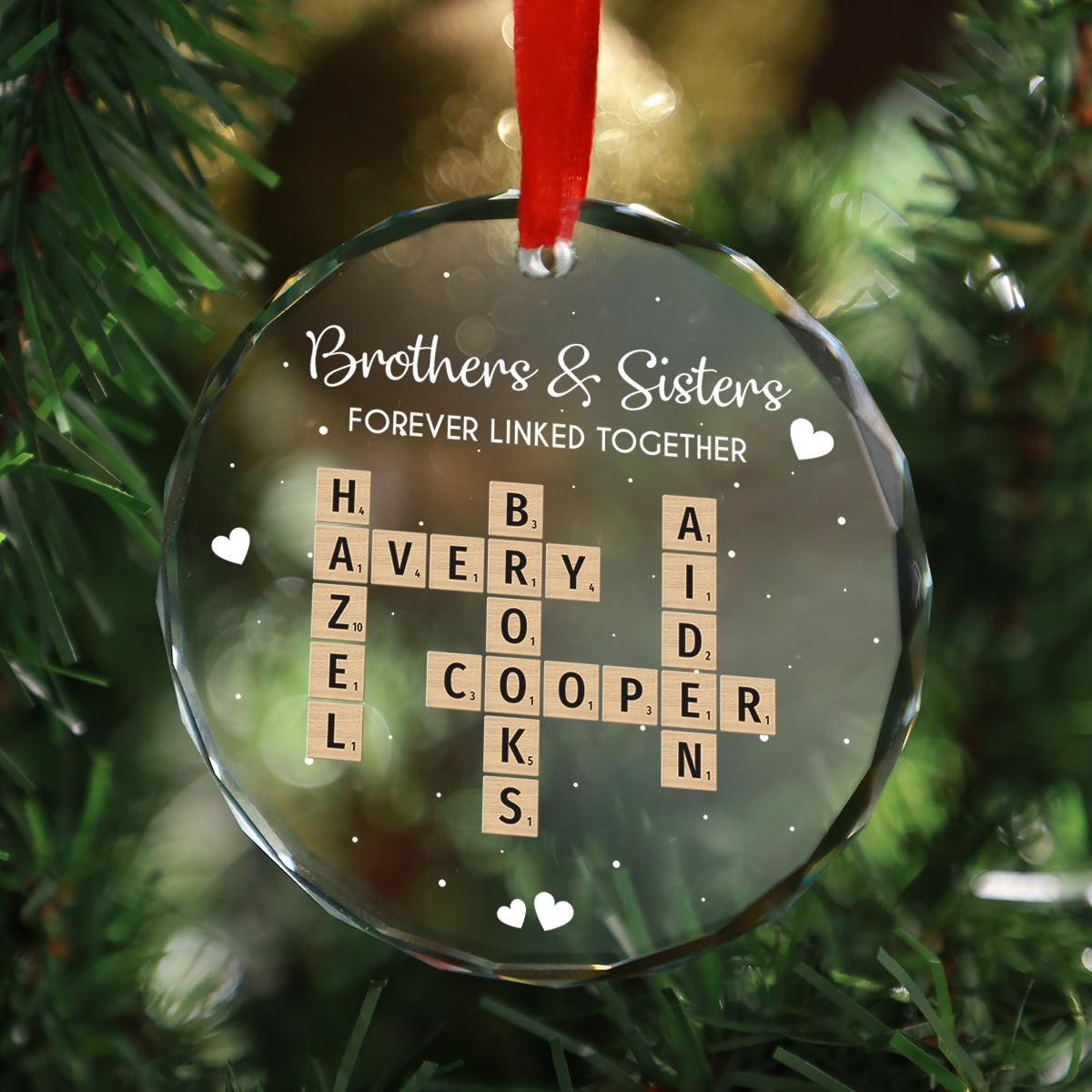 Brothers Sisters Siblings Forever Linked Together Crossword Puzzle Art - Personalized Glass Ornament - Gift For Siblings