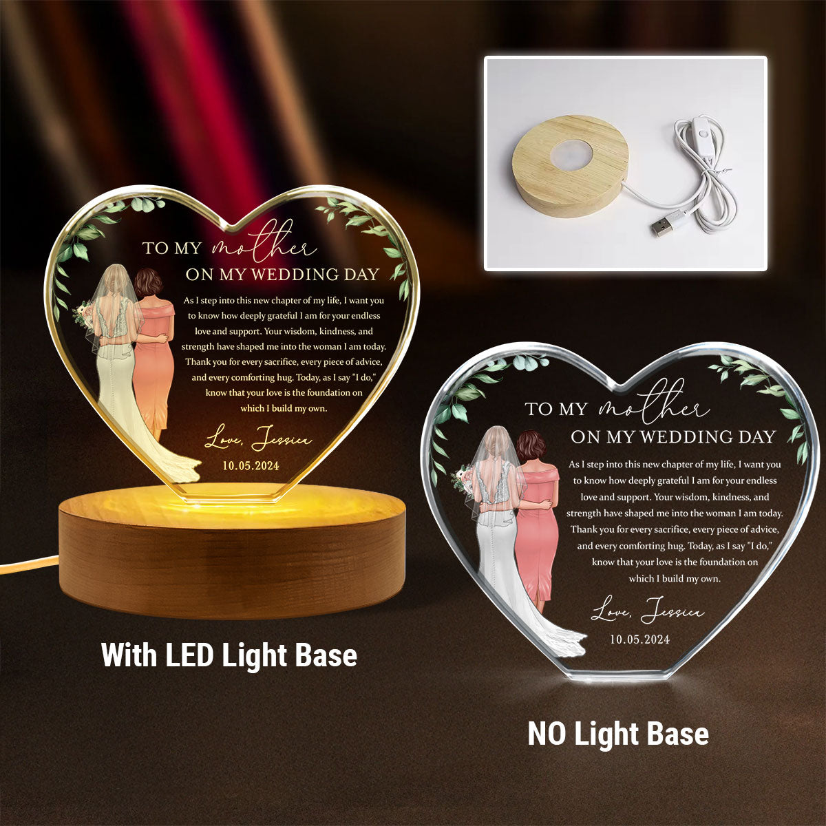 Personalized Wedding Mother of the Bride Gift from Daughter, a Treasure Forever Custom Premium Crystal Heart LED, Free Shipping Included
