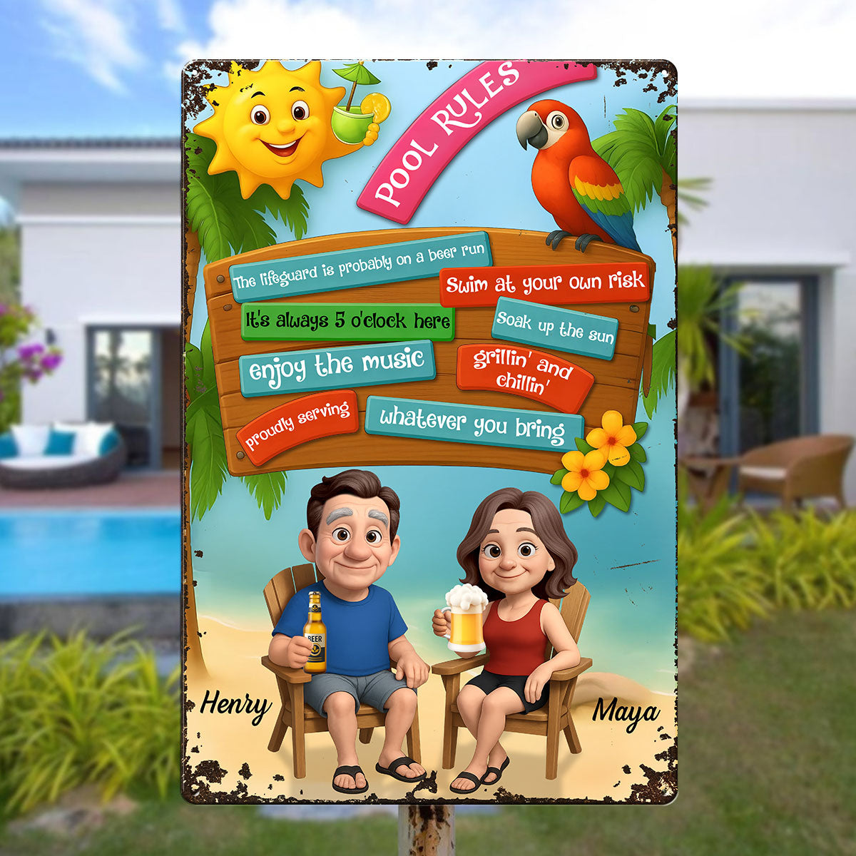 Pool Rules Couple Summer 3D Effect Personalized Metal Sign