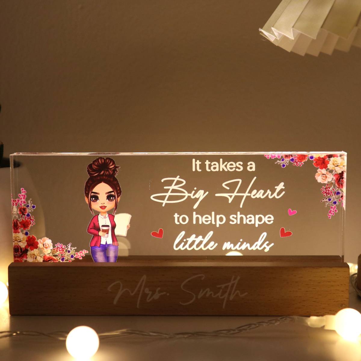Teacher It Takes A Big Heart To Help Shape Little Mind Floral Personalized Acrylic Block LED Night Light