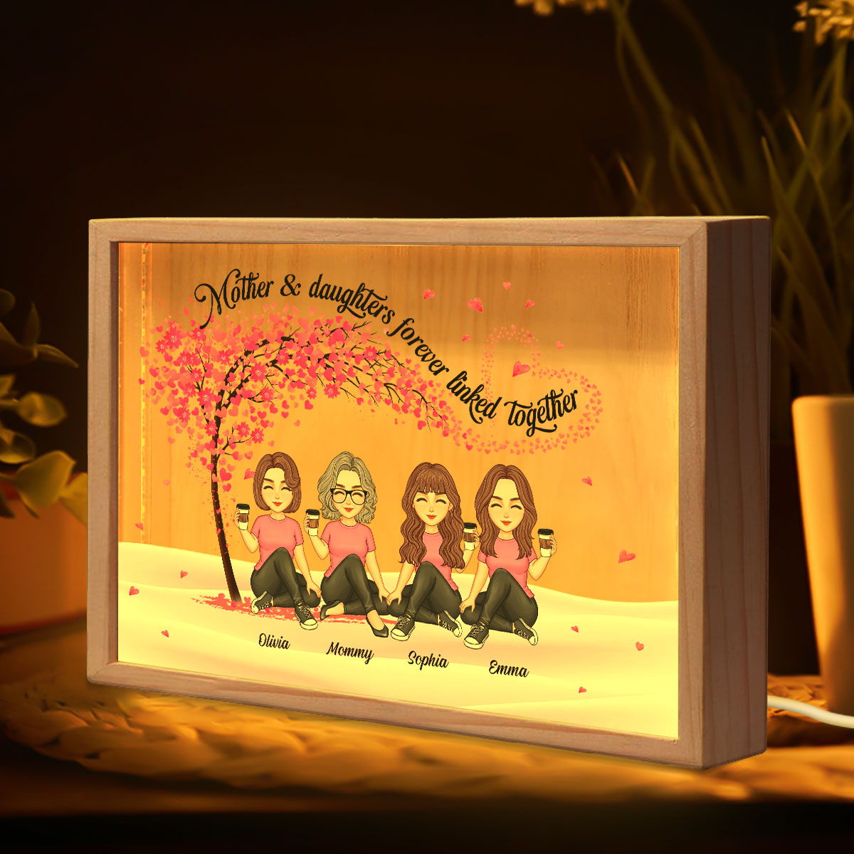 Mom And Daughters Under Pink Tree Personalized Wooden Frame Light Box
