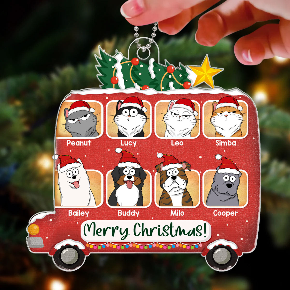 Merry Christmas Dogs Cats Cartoon On Christmas Bus Personalized Acrylic Ornament