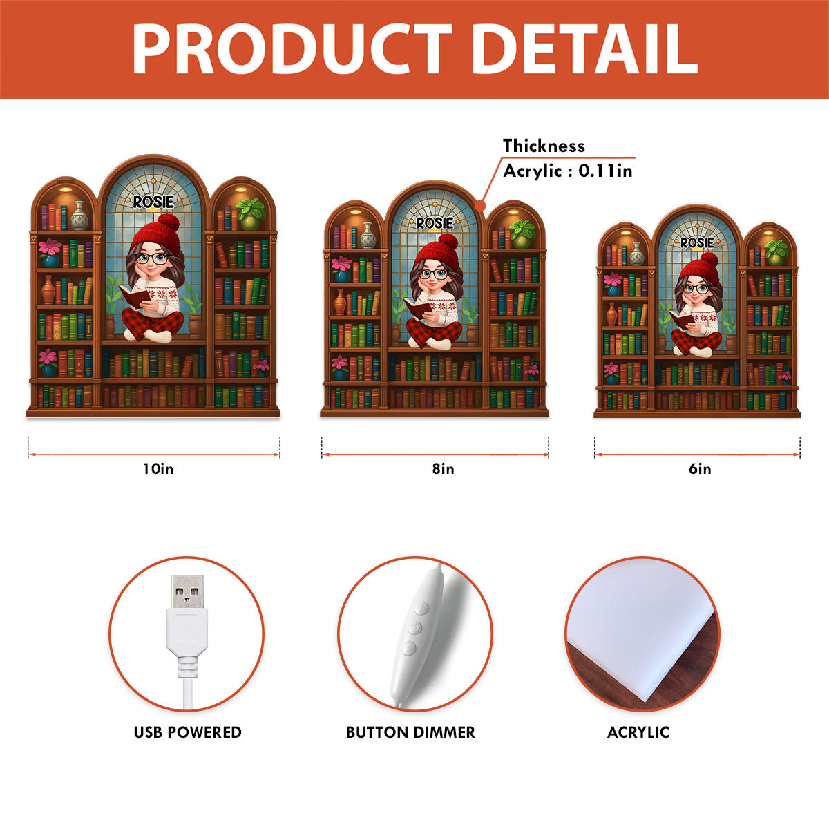 Christmas Cozy Vibe Pretty Girl Reading Book In Arched Bookshelf - Personalized Light Box