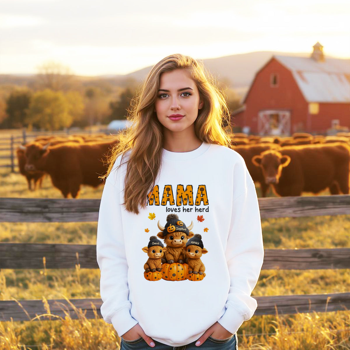 This Mama Loves Her Herd Cute Highland Cow Pumpkin Personalized Sweatshirt, Fall Sweatshirt for Mom Grandma