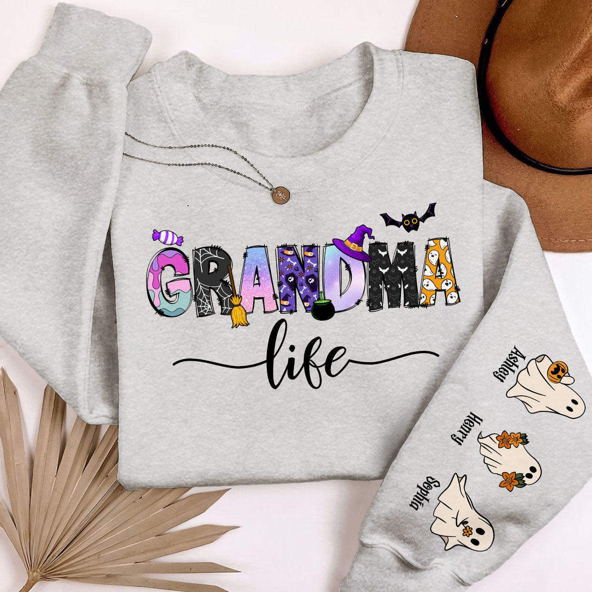 Halloween Grandma Nana Life Personalized Sleeve Printed Sweatshirt