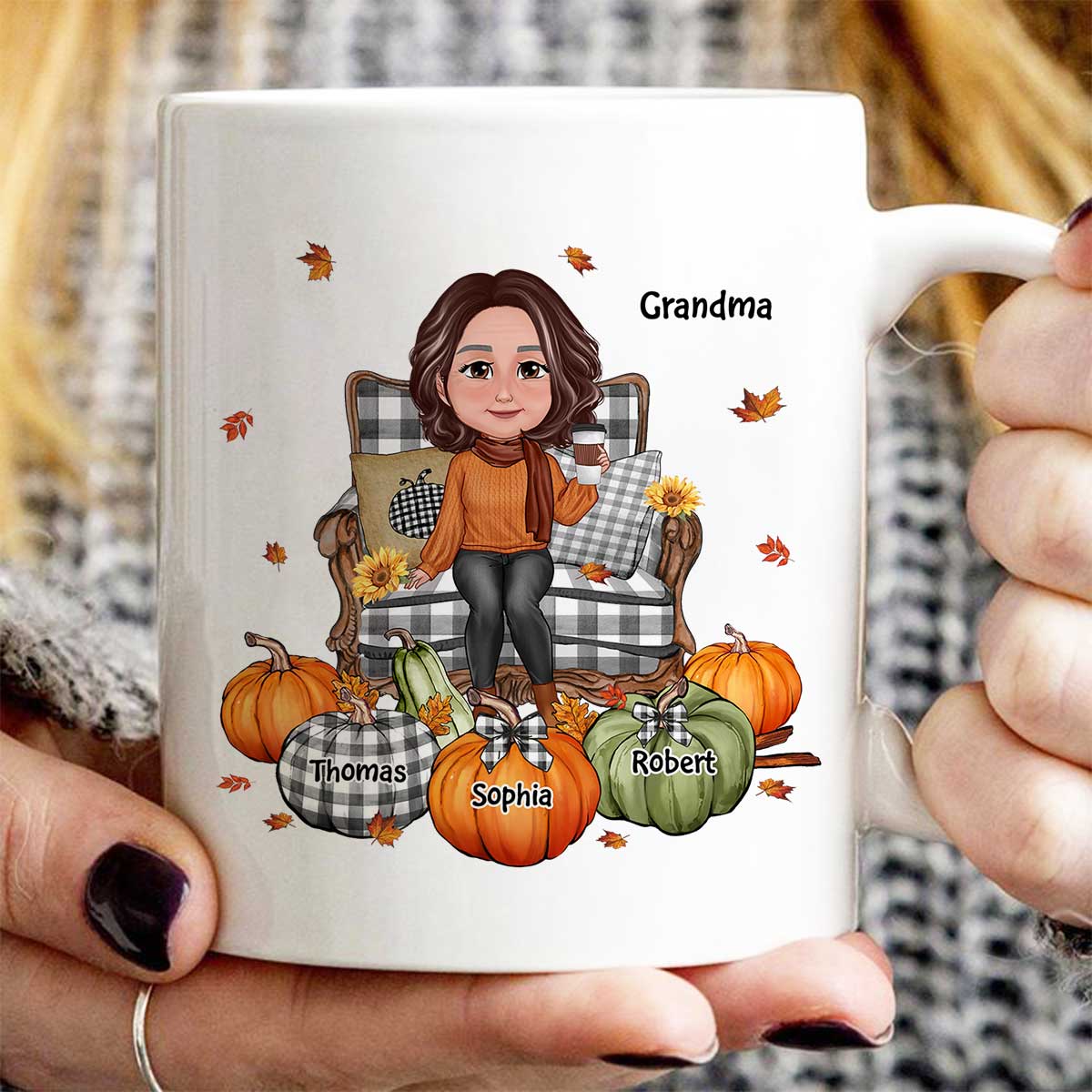 Grandma Sitting On Chair Pumpkins Personalized Mug