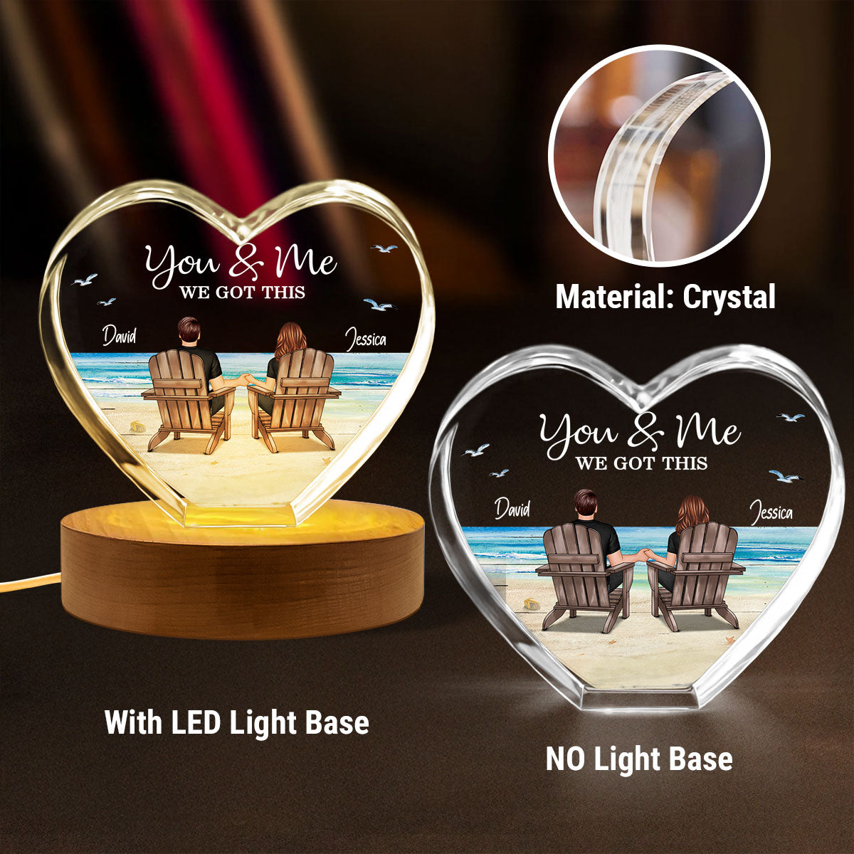 Couple Sitting At Beach Personalized Premium Crystal Heart LED, A Timeless Treasure Full of Emotion