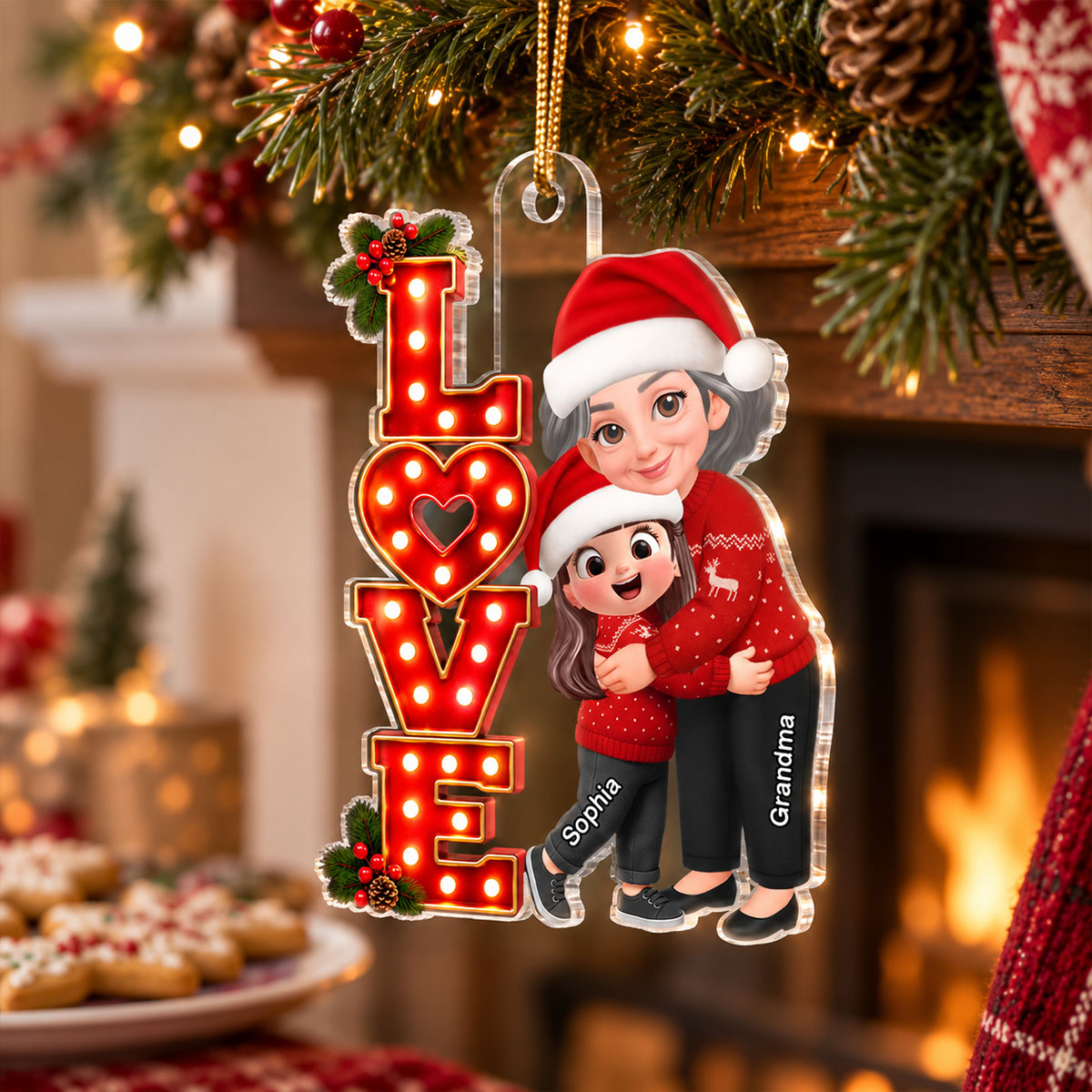 Grandma Hugging Grandkids LOVE Christmas Marquee 2D Flat - Personalized Acrylic Ornament - Christmas Gift For Grandma, Granddaughter, Grandson