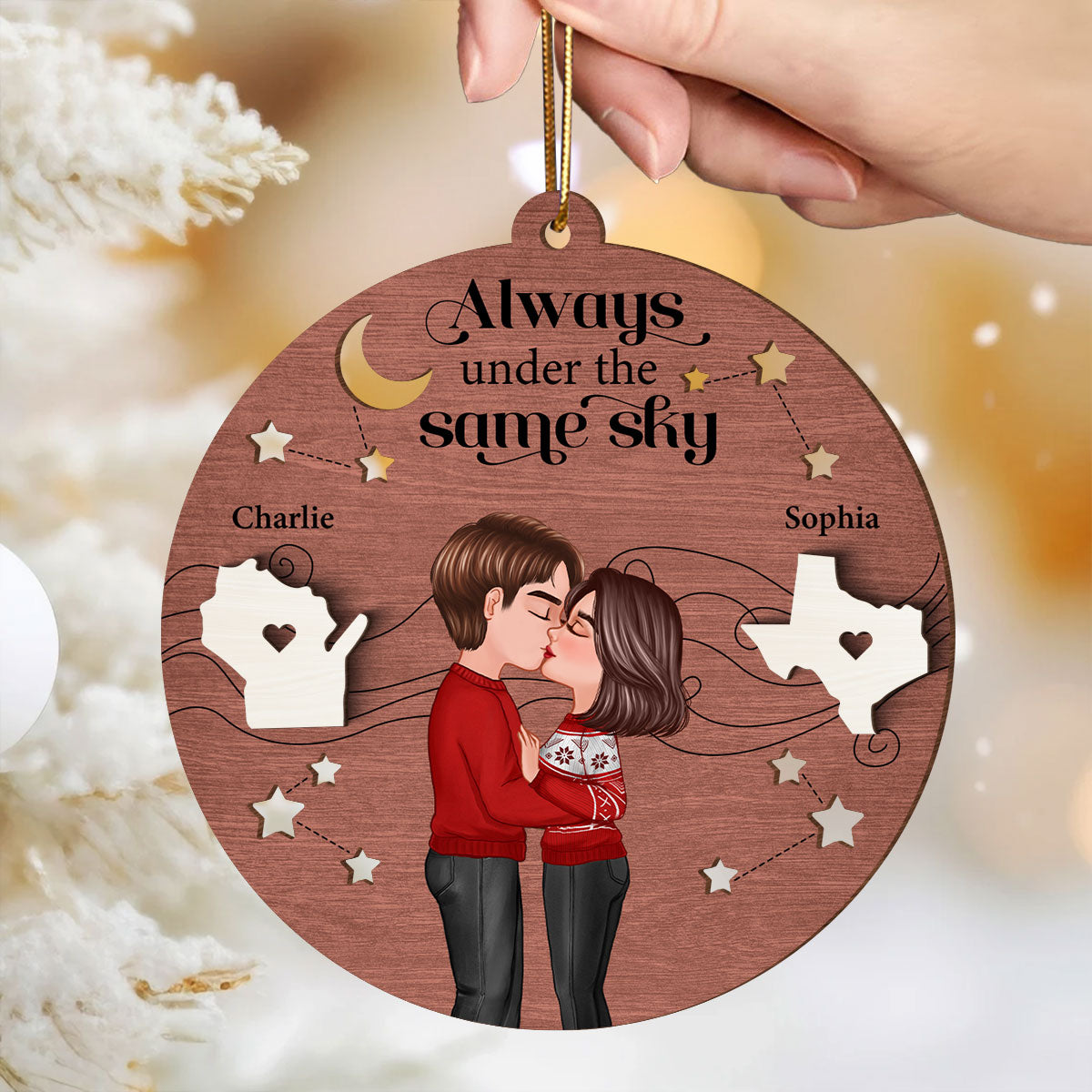 Always Under The Same Sky Personalized 2-Layer Wooden Ornament, Christmas Gifts for Boyfriend Long Distance Relationship Gift