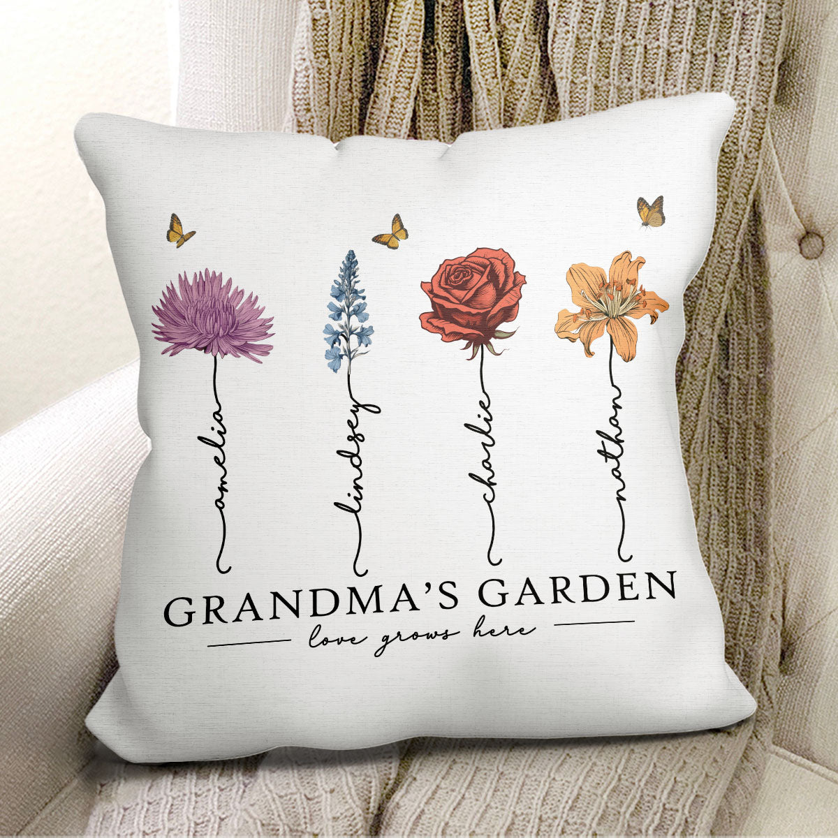 Grandma‘s Garden Love Grows Here Beautiful Birth Month Flower Gift For Grandma Mom Personalized Pillow