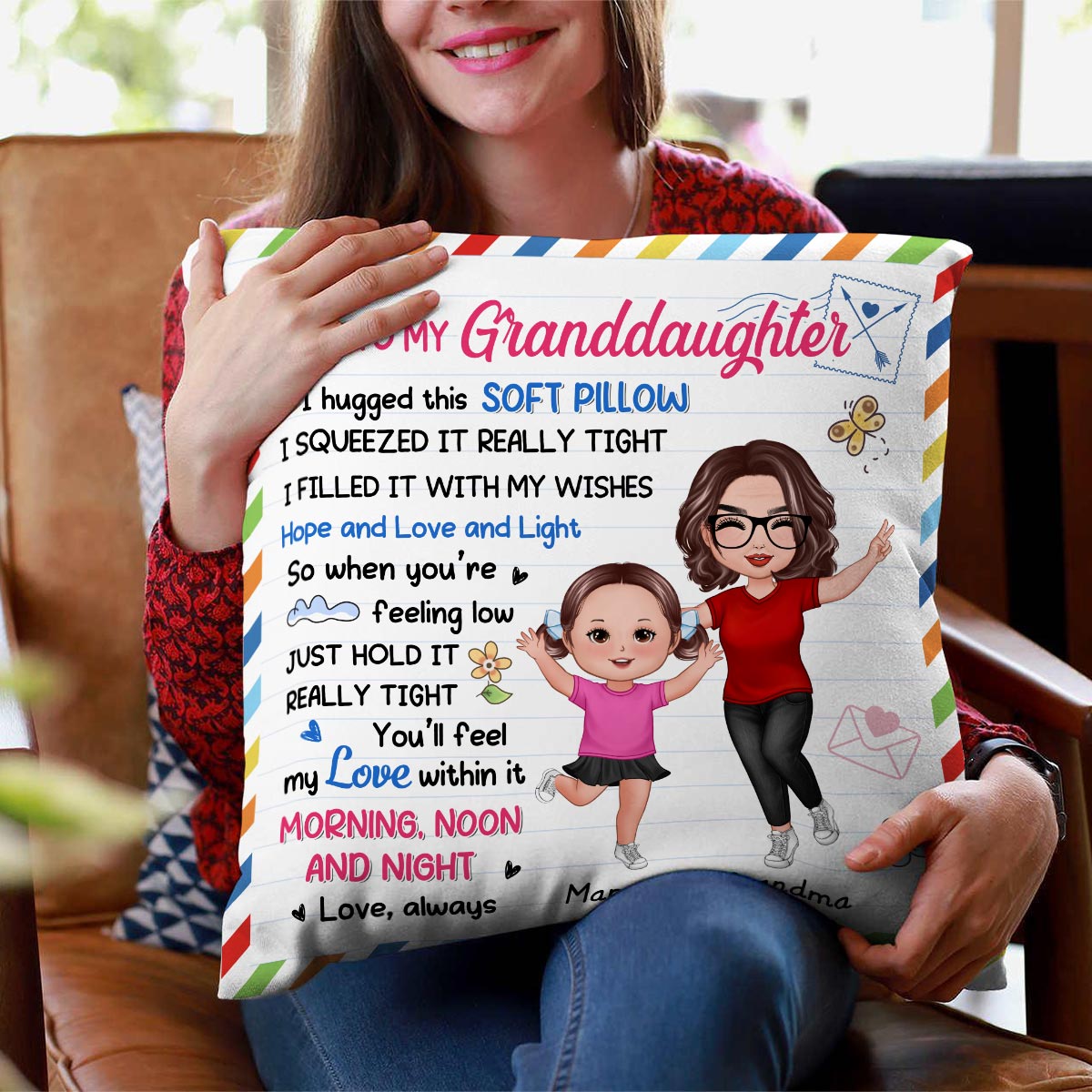 Happy Doll Grandma & Grandkid Envelop Pattern To My Granddaughter Grandson Personalized Pillow