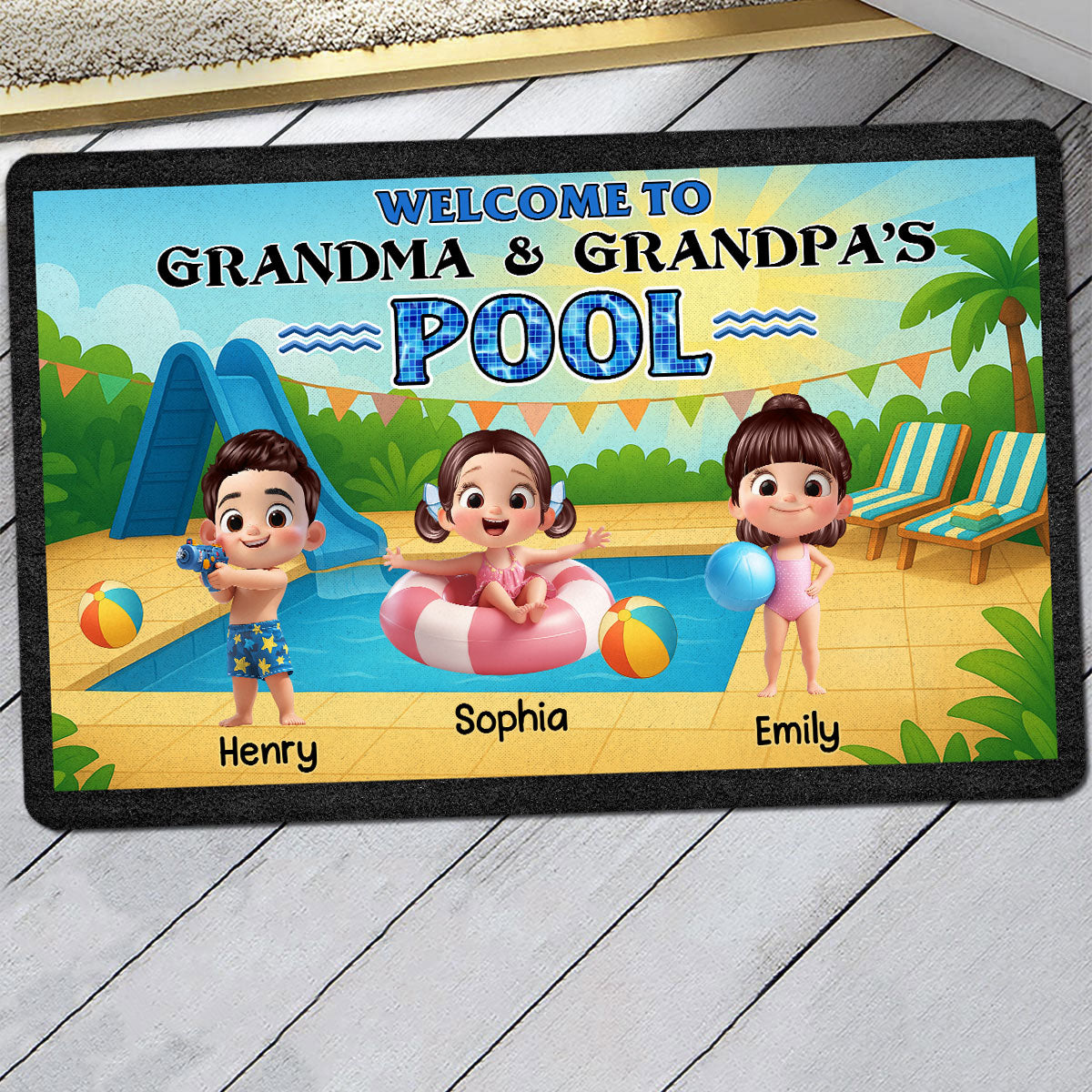 Welcome to Grandma & Grandpa's Pool Personalized Non-Slip Doormat, Entryway Front Porch Farmhouse Summer Grandkids Welcome Mat
