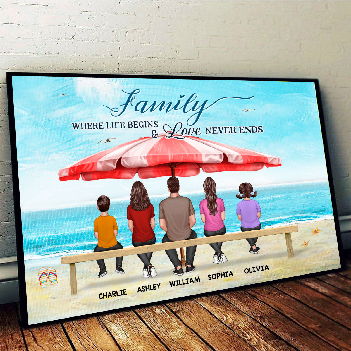 Family Back View Sitting On Bench At Beach Personalized Horizontal Poster