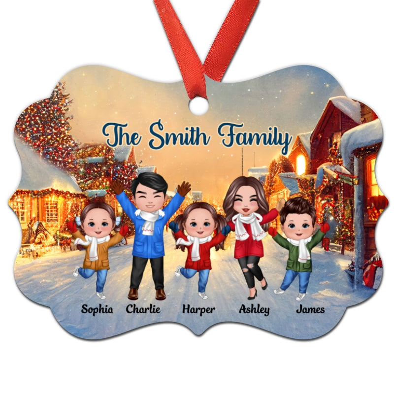 Christmas Night Happy Doll Family On The Street Personalized Christmas Ornament