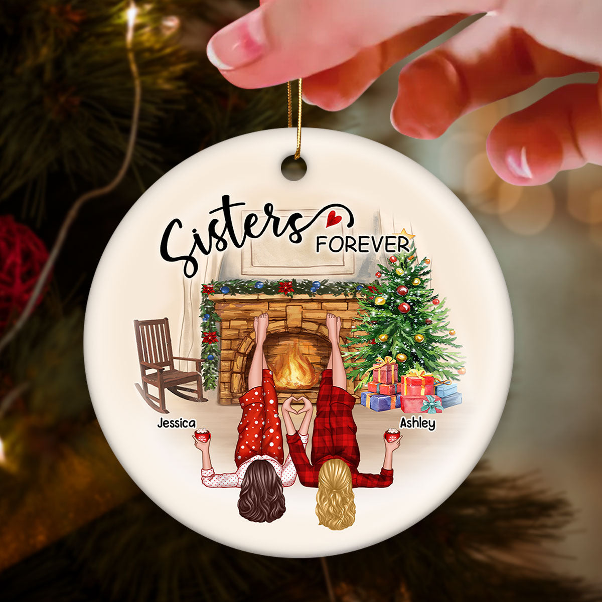 Sisters Besties By The Fireplace Personalized Ceramic Ornament, Christmas Gift for Besties, Sisters
