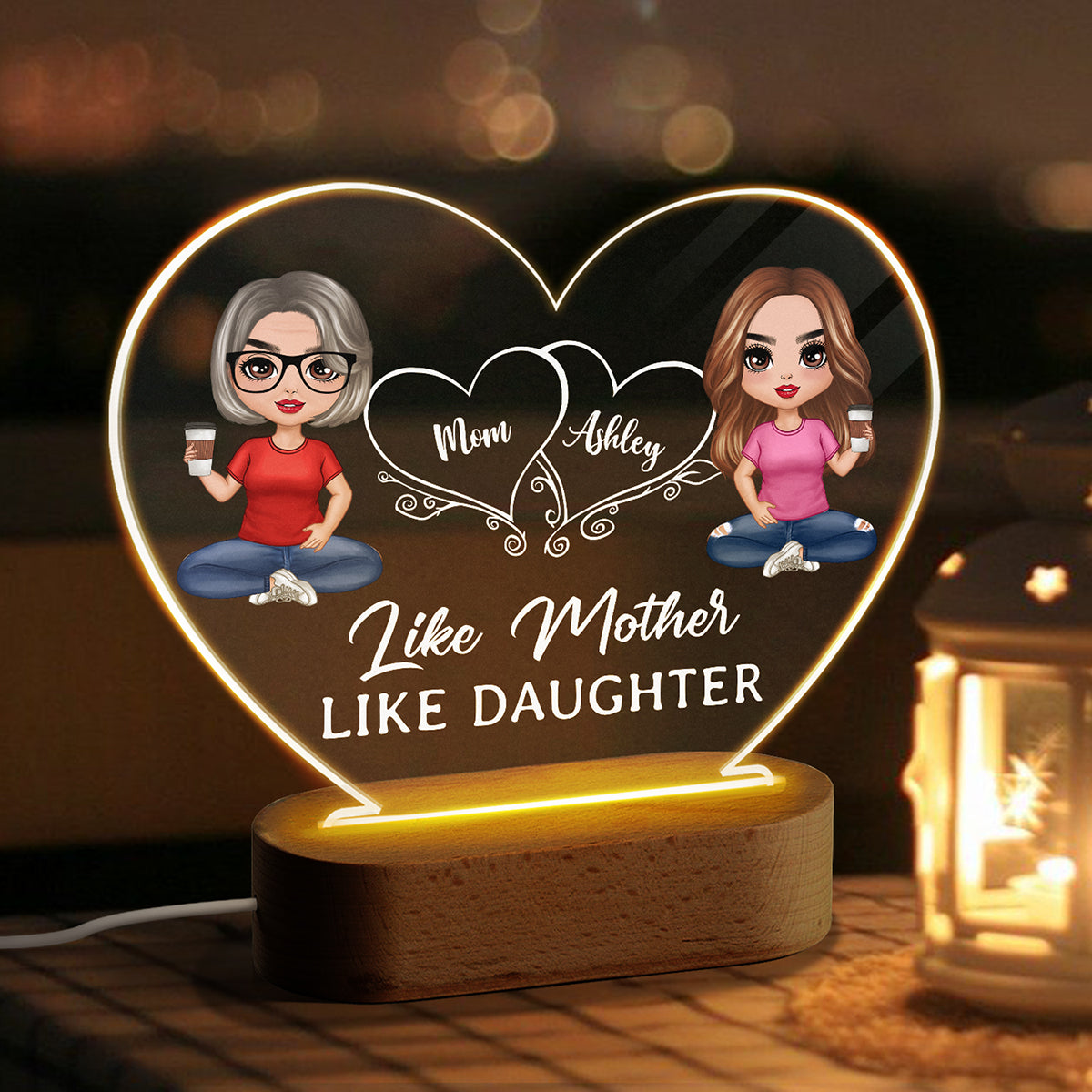 Hearts Doll Mother Daughter Sitting Gift For Mom Personalized Acrylic Heart Plaque LED Night Light