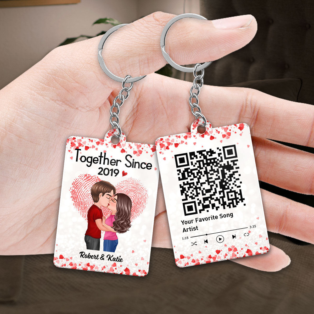 Fingerprint Doll Couple Kissing Favorite Song Scannable QR Code Personalized Acrylic Keychain