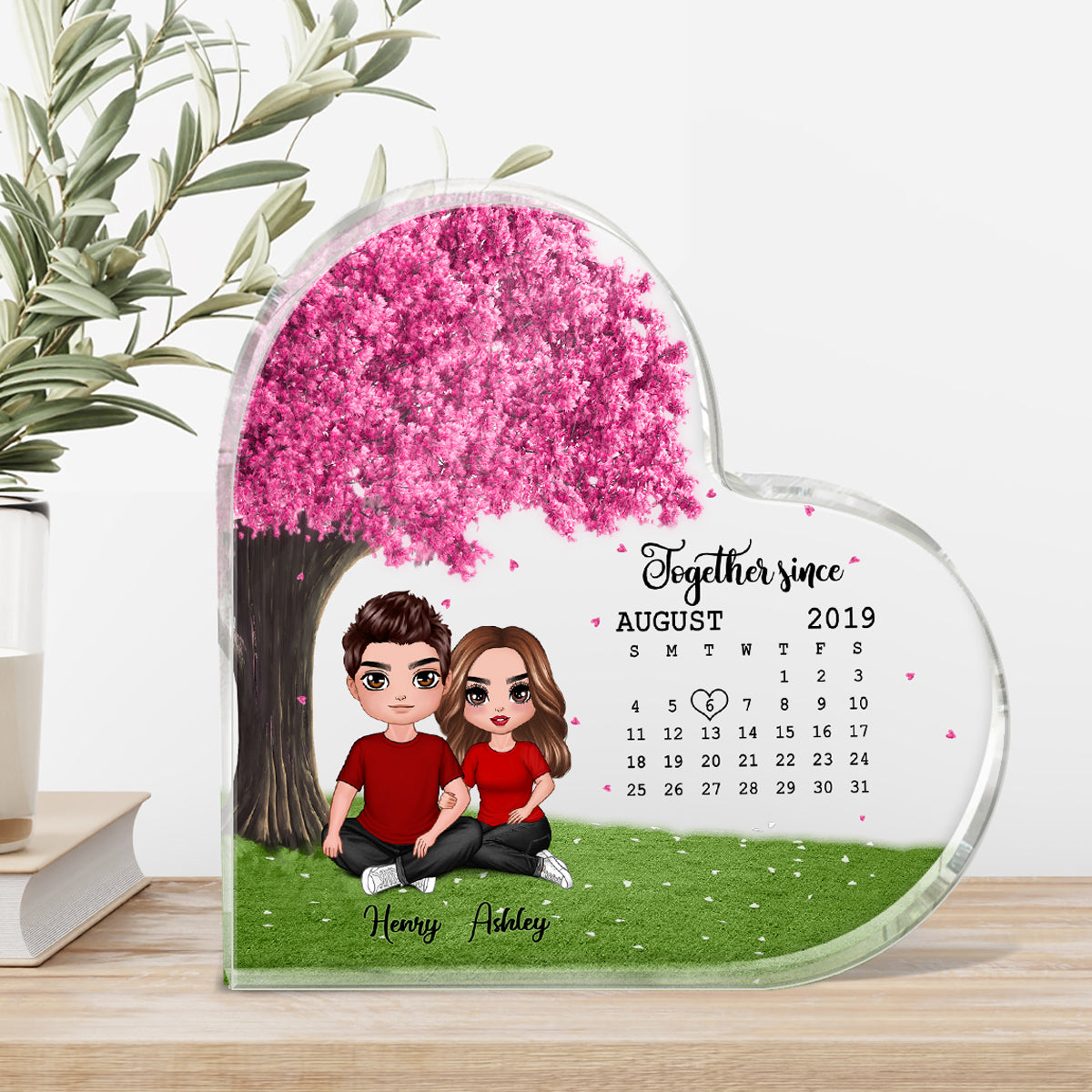 Embracing Doll Couple Sitting Under Pink Tree Calendar Anniversary Date Personalized Heart Acrylic Plaque