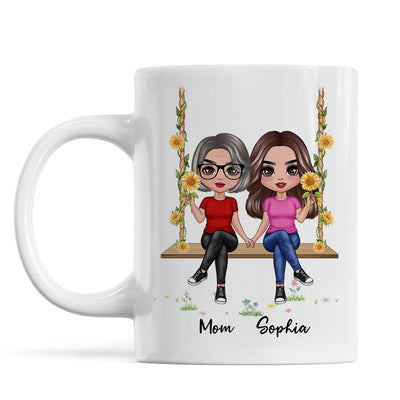 Doll Mom Daughter Sitting On Swing Holding Sunflower Personalized Mug