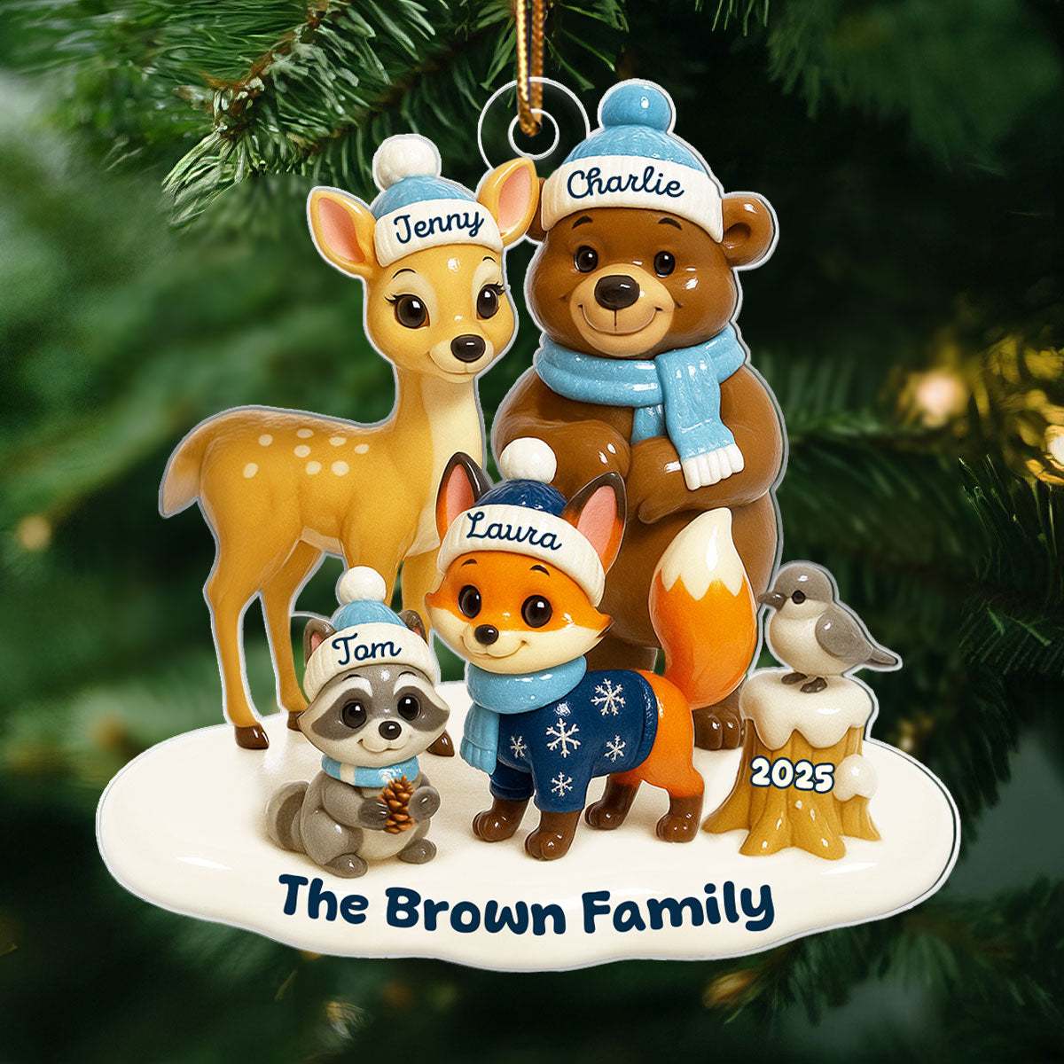 3D Effect Woodland Family Personalized Acrylic Ornament, Christmas Decor