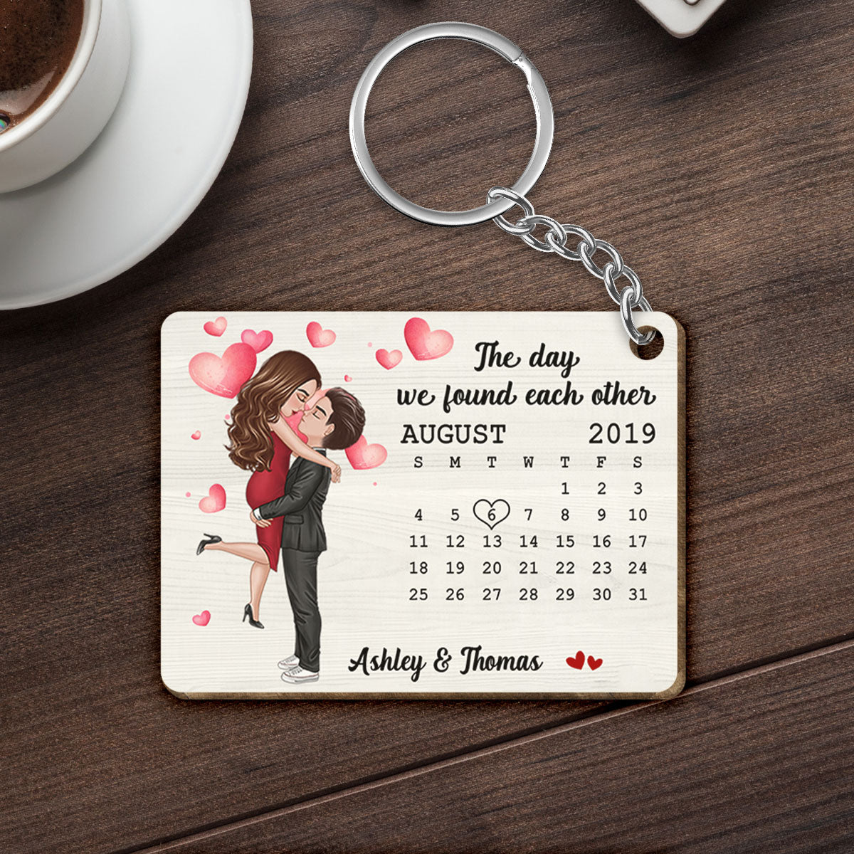 Doll Couple Hugging Kissing Calendar Anniversary Date Personalized Wooden Keychain