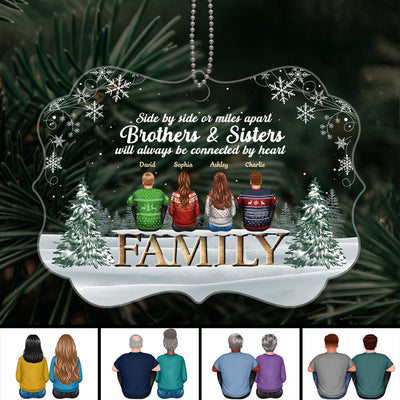 Family Sibling Sister Brother Sitting On Word In Snow Personalized Acrylic Ornament