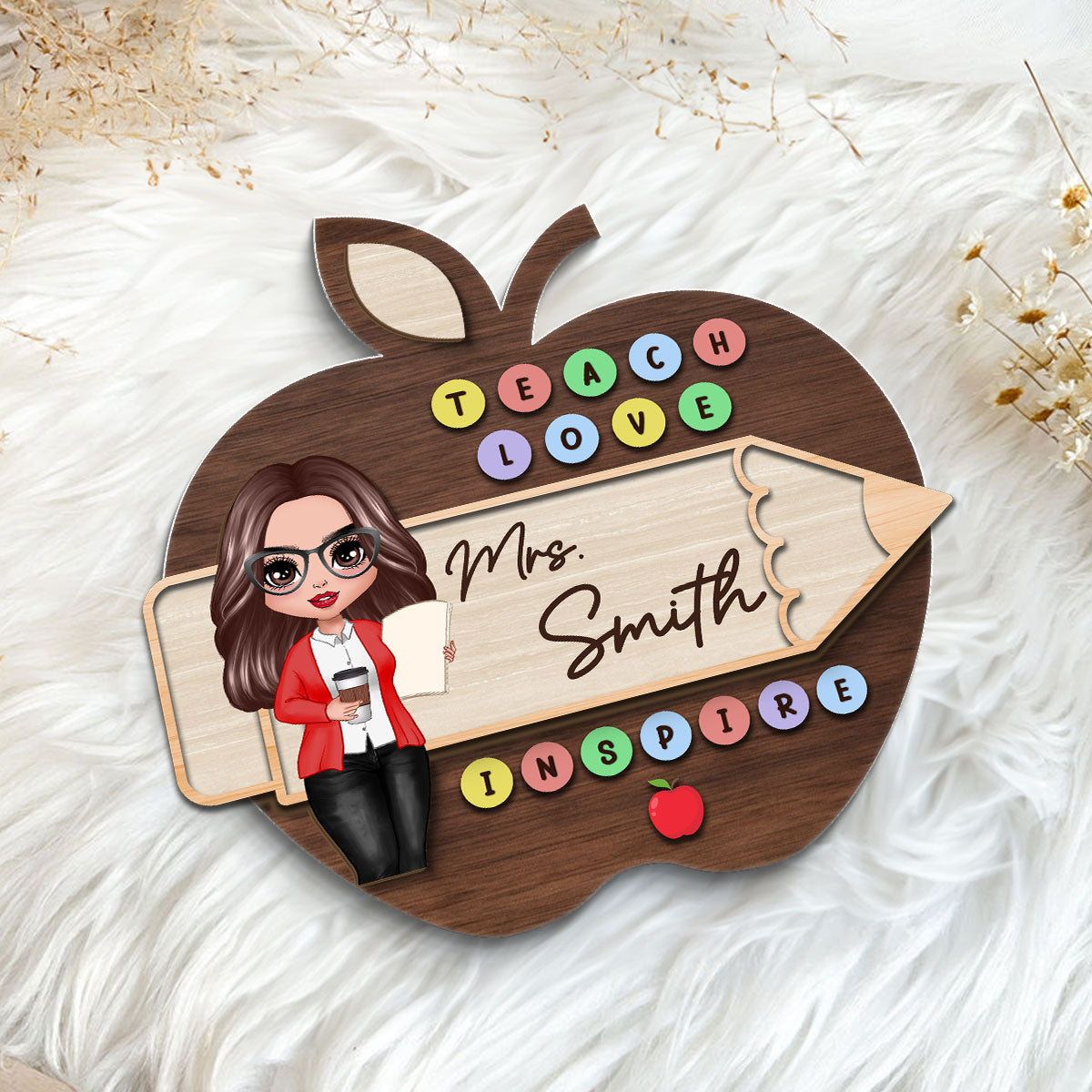 Teach Love Inspire Personalized 2-Layer Wooden Plaque, Back To School Gift For Teacher, Office Decor