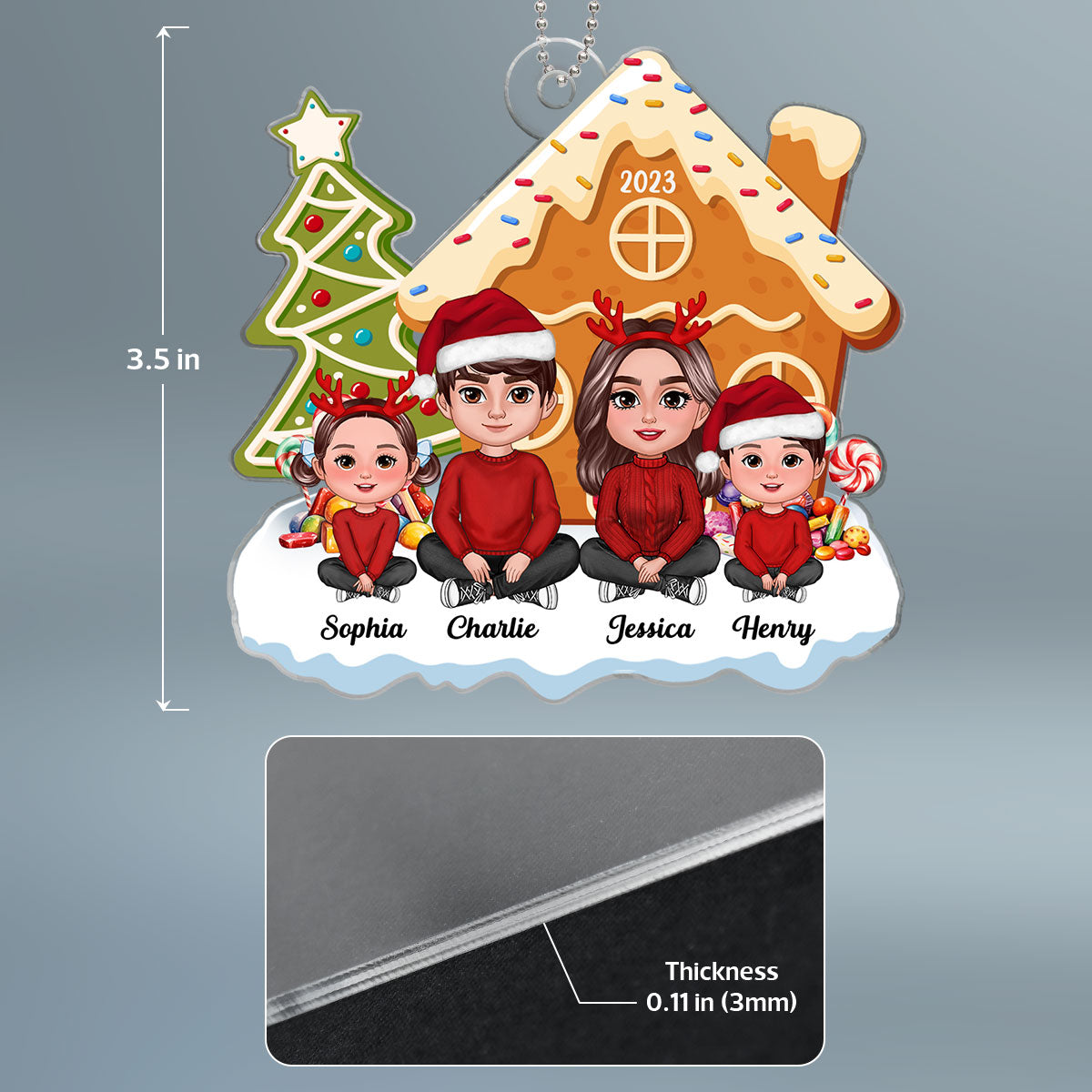 Family Crossed Legs Sitting Christmas Tree Cake Patterned Gingerbread House Personalized Acrylic Ornament