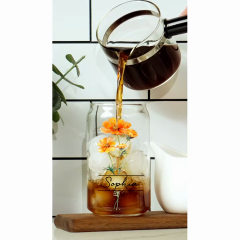 Beautiful Birth Flower With Name Birthday Gift For Friends Mom Grandma Mother‘s Day Gift Personalized Clear Glass Can