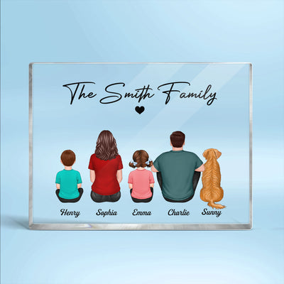 Family Sitting Back View Couple Kids Dogs Cats Personalized Horizontal Rectangle Acrylic Block Plaque