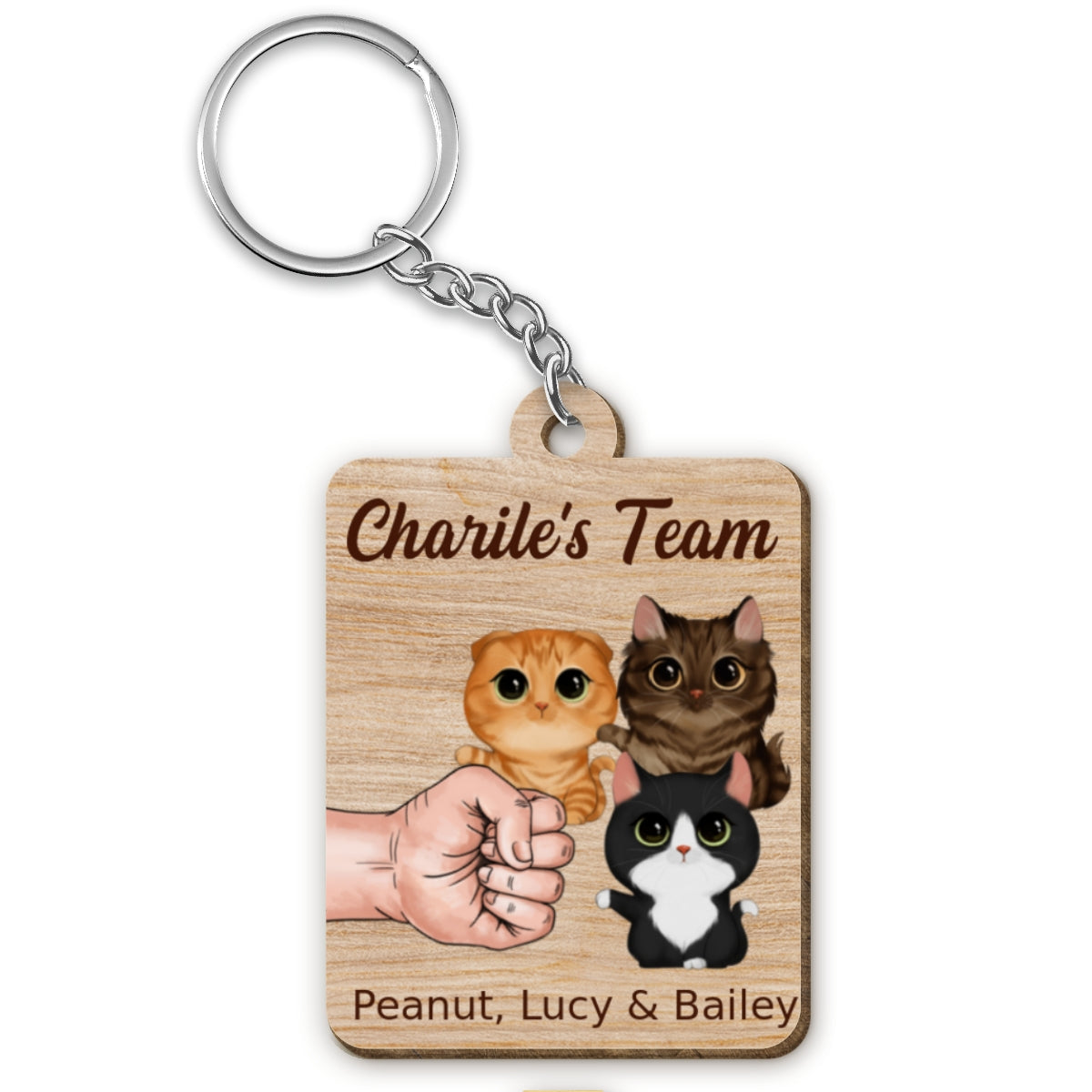 Cat Dad‘s Team Watercolor Cute Cats Personalized Wooden Keychain