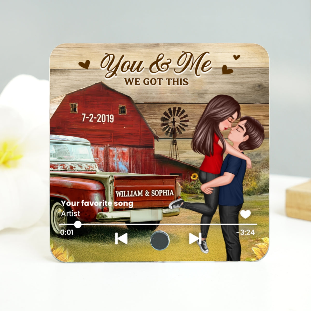 Couple Hugging Kissing Vintage Truck Farmhouse Personalized Music Fridge Magnet, Anniversary  Gift For Him, For Her