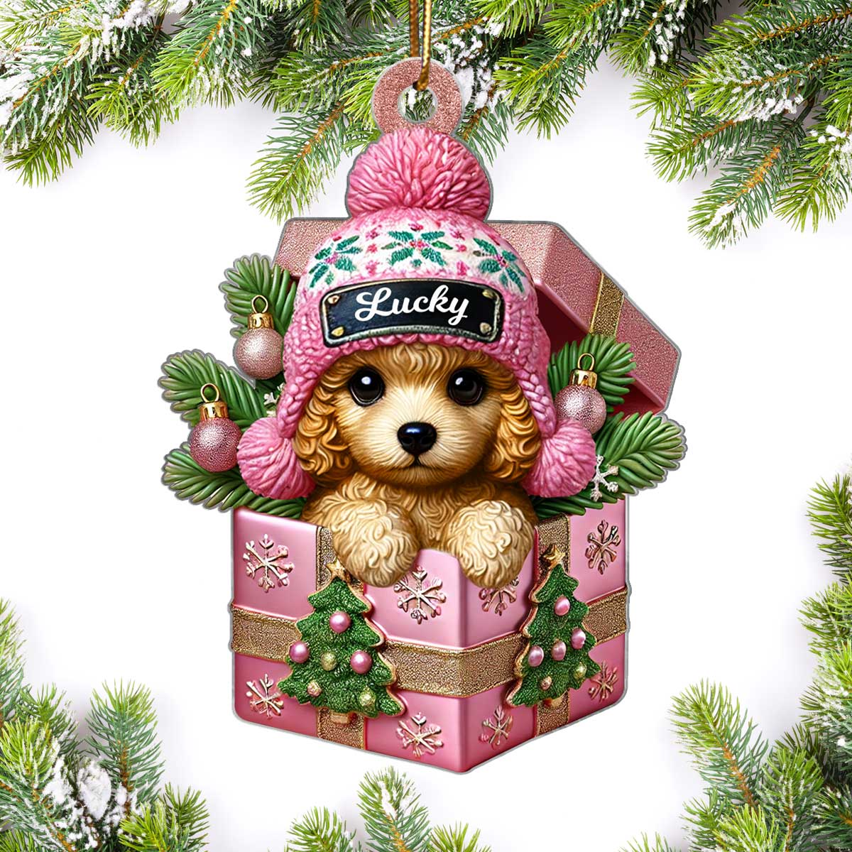 Cute Poodle Dog Inside Gift Box Personalized 2D Flat Acrylic Ornament, Christmas Gift for Dog Lovers