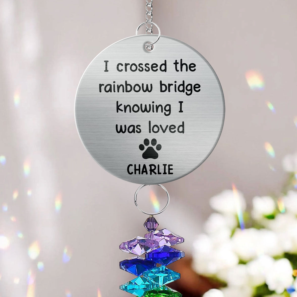 Pet Dog Cat Memorial Crossed The Rainbow Bridge Personalized Crystal Suncatcher With Aluminum Charm