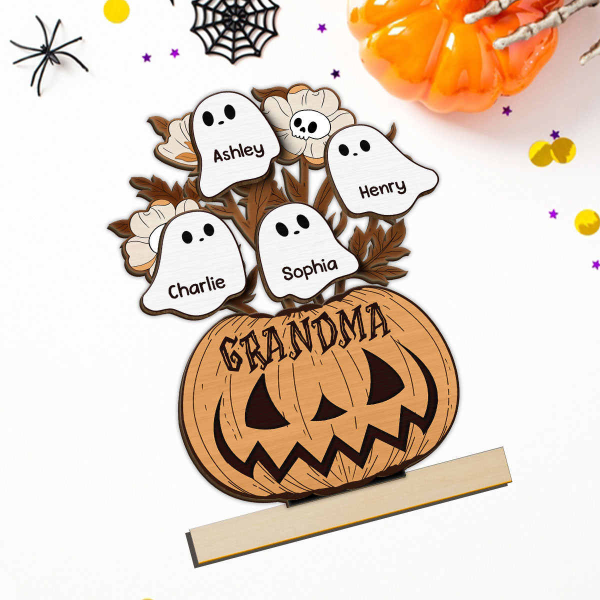 Halloween Grandma Pumpkin Vase Flowers Personalized 2-Layer Standing Wooden Plaque, Halloween Decor