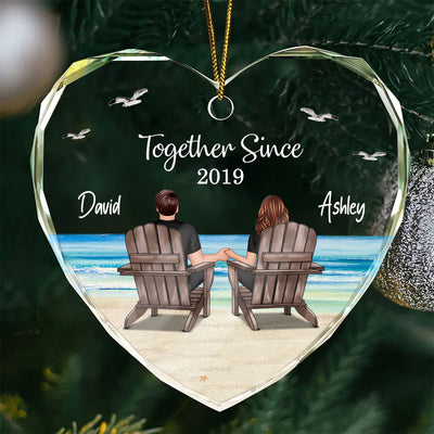 Couple Sitting Eternal Sunset Beach Personalized Heart Glass Ornament, Heartfelt Christmas Gift For Girlfriend, For Wife