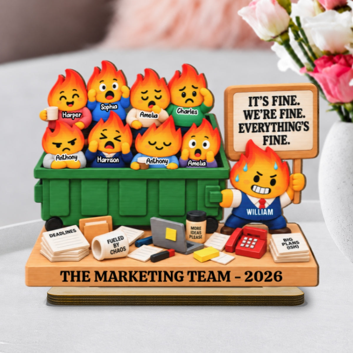 Dumpster Fire Team 2D Flat - Personalized Wooden Plaque – It's Fine We're Fine Everything's Fine, Funny Coworker Gift 2026