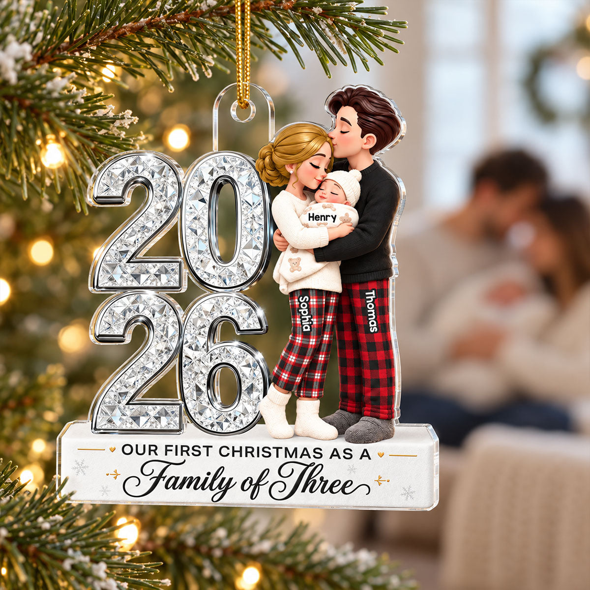 Our First Christmas As Family Of Three Custom Year 2D Flat Printed - Personalized Acrylic Ornament - Christmas Tree Keepsake For New Parents