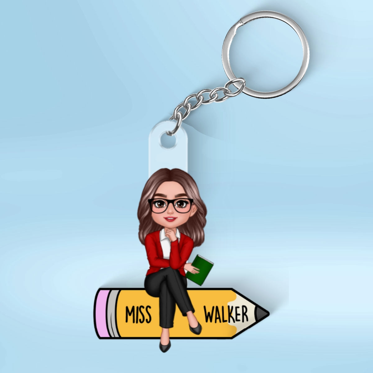 Doll Teacher Sitting On Pencil Personalized Acrylic Keychain, Back To School Gift For Teacher