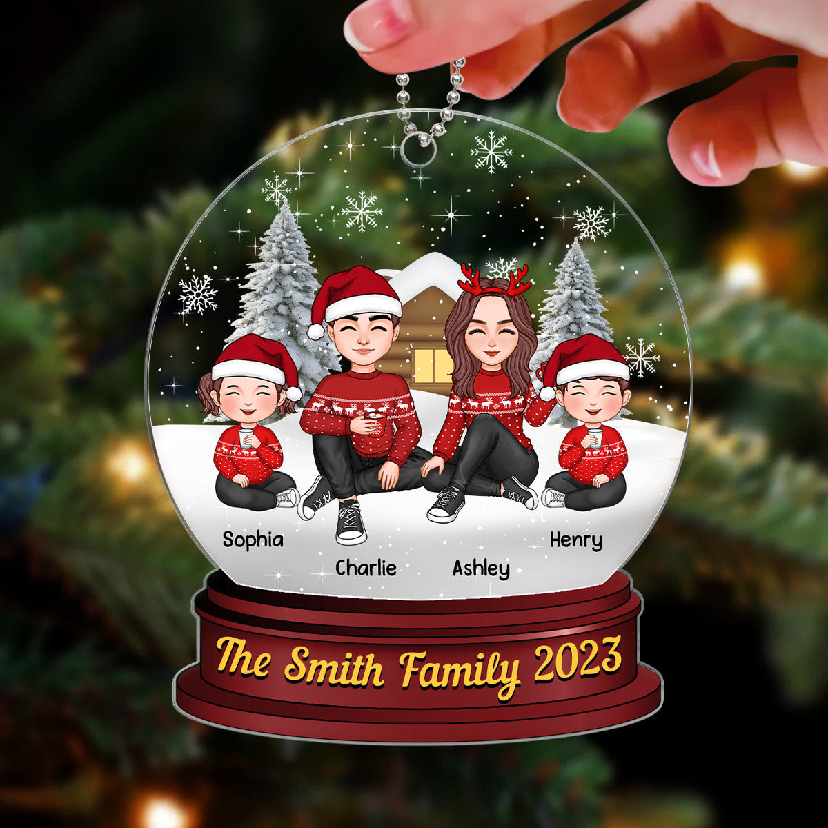 Family Sitting In Snow Globe Christmas Personalized Acrylic Ornament