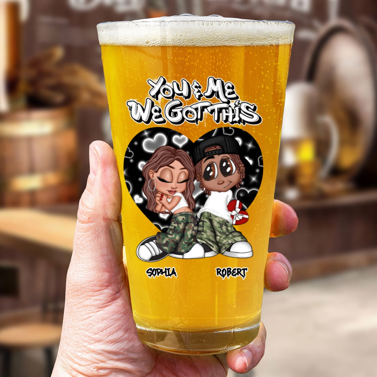 Y2K Couple Airbrushed Personalized Beer Glass, Pint Glass, Gift For Him, Gift For Her