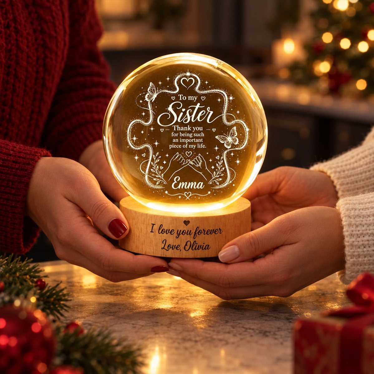 Sister Thank You for Beng an Important Piece - Personalized Crystal Ball LED Night Light - Christmas Gift for Sisters, Siblings