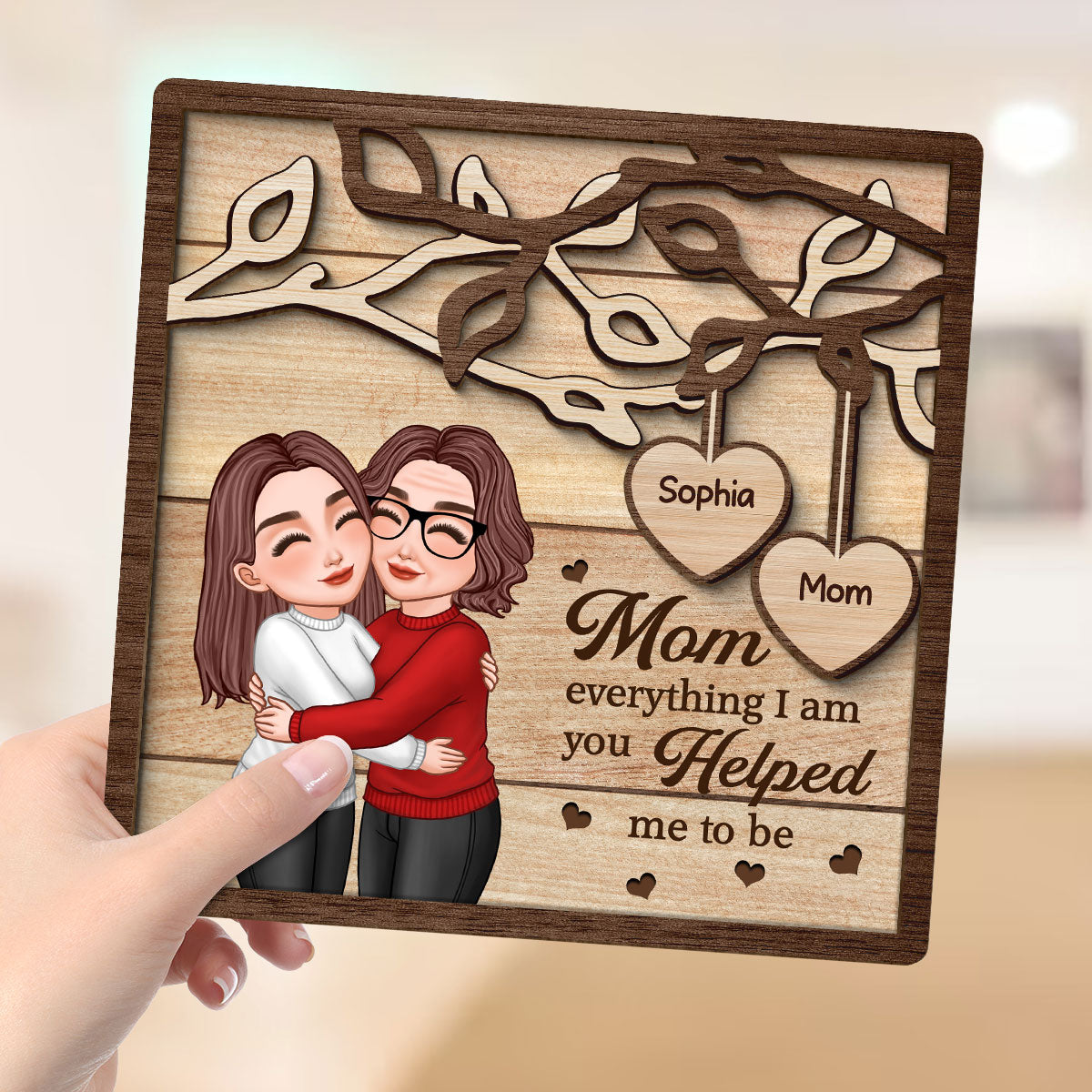Mom Hugging Daughter Son Under Tree Mother‘s Day Gift For Mom Personalized 2-Layer Wooden Plaque