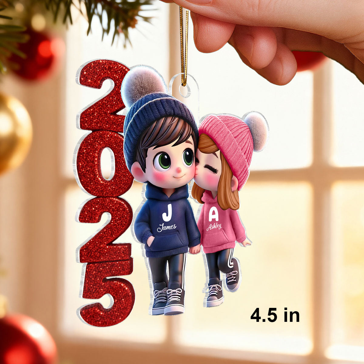3D Glitter Effect 2025 Cute Cartoon Couple Walking - Personalized Acrylic Ornament - Gift for Him, Gift for Her