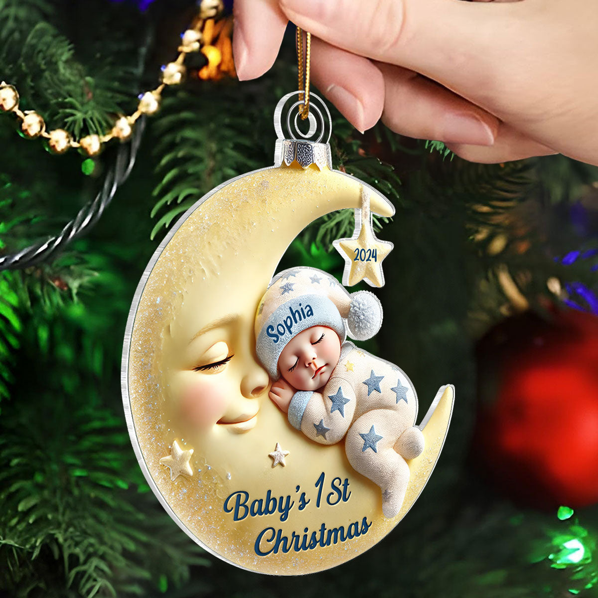 3D Effect Baby On Moon First Christmas 1st Christmas Keepsake - Personalized Acrylic Ornament
