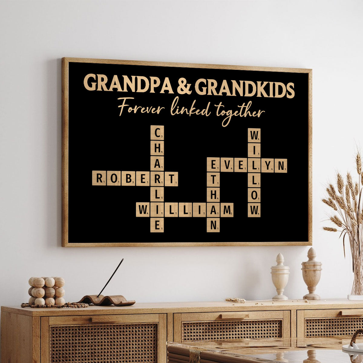 Grandpa & Grandkids Forever Linked Together Crossword Puzzle Art Rustic Personalized Poster, Heartfelt Father's Day Gift For Grandpa